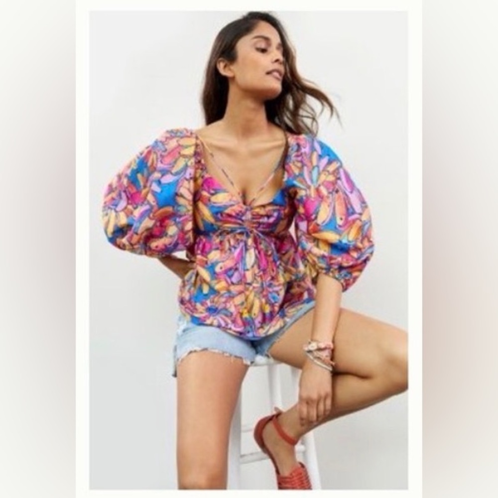 FARM Rio Bold Floral Puff-Sleeve Tie-Front Blouse in Pink, Yellow & Blue